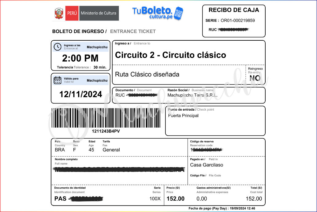 Bilhete de entrada para Machu Picchu